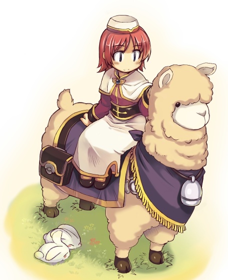 1girl, acolyte_(ragnarok_online), alpaca, bell, blue_eyes, capelet, character_request, female_focus, hat, long_skirt, lunatic_(ragnarok_online), mil_(xration), rabbit, ragnarok_online, red_hair, riding, short_hair, sidesaddle, skirt, solo, wool