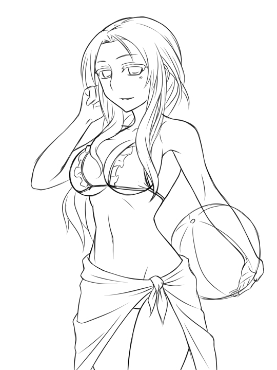 1girl, ball, bare_shoulders, beachball, bikini, bikini_top_only, breasts, cleavage