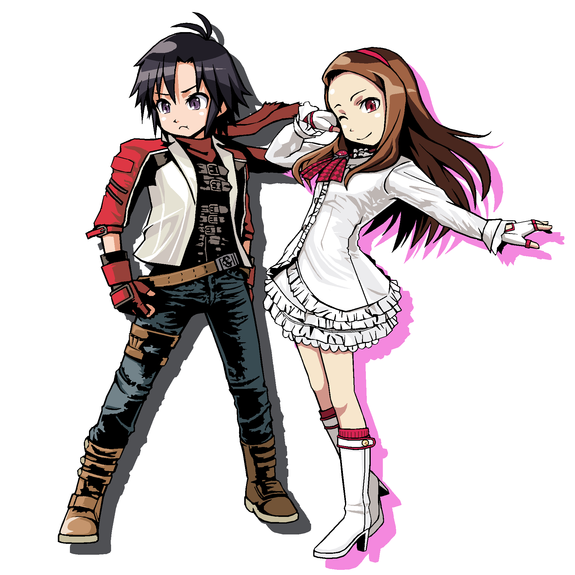 2girls, antenna_hair, belt, biker_clothes, black_hair, boots, brown_eyes, brown_hair, company_connection, cosplay, denim, dress, eleonore_kliesen_(cosplay), emilie_de_rochefort, emilie_de_rochefort_(cosplay), fingerless_gloves, forehead, frilled_dress, frills, gloves, hairband, highres, idolmaster, idolmaster_(classic), jacket, jeans, kikuchi_makoto, knee_boots, leo_kliesen, long_hair, microsoft_paint_(medium), minase_iori, multiple_girls, namco, one_eye_closed, pants, purple_eyes, reverse_trap, short_hair, skirt, smile, tekken, tomonotomono, white_dress, white_skirt, wink