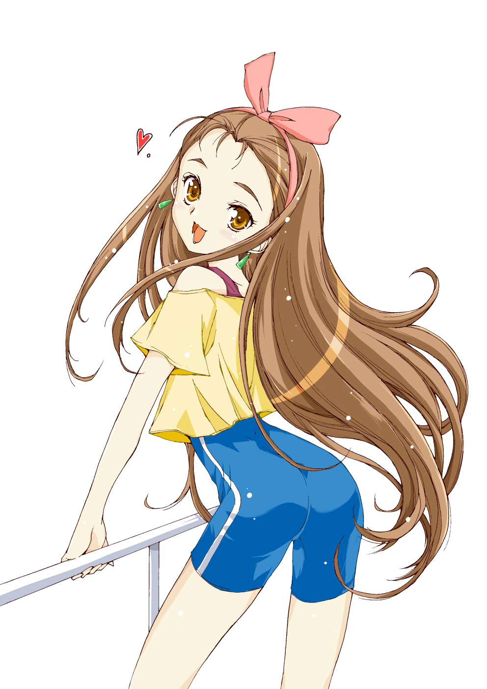 1girl, akane_kotetsu, ass, balance_beam, bare_shoulders, brown_eyes, brown_hair, earrings
