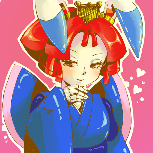 1990s_(style), 1girl, animal_ears, blush, chino0123, female_focus, hair_ornament, heart, japanese_clothes, kimono, kyatto_ninden_teyandee, light_smile, lowres, pale_skin, rabbit_ears, red_eyes, red_hair, retro_artstyle, short_hair, solo, tokugawa_usako