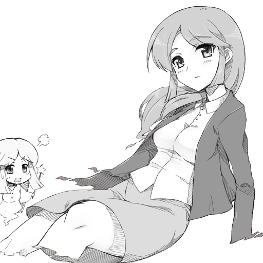 2girls, blush, breasts, ghost, ghost_tail, greyscale, hazuki_(power_pocket), jikkyou_powerful_pro_yakyuu, long_hair, mechazinaida, monochrome, multiple_girls, no_nose, power_pro-kun_pocket_4, power_pro-kun_pocket_9, power_pro-kun_pocket, simple_background, skirt, star_(symbol), wand, white_background, yamashita_takako