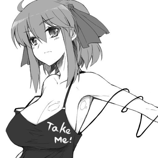 1girl, android, bare_shoulders, breasts, cable, clothes_writing, english_text, female_focus, greyscale, hirokawa_takemi, jikkyou_powerful_pro_yakyuu, mechazinaida, monochrome, power_pro-kun_pocket_9, power_pro-kun_pocket, short_hair, simple_background, solo, white_background