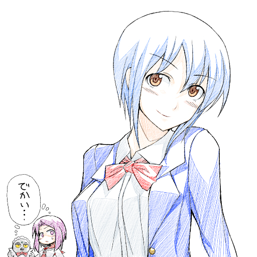 2girls, blue_hair, blush, bow, bowtie, brown_eyes, chibi, chibi_inset