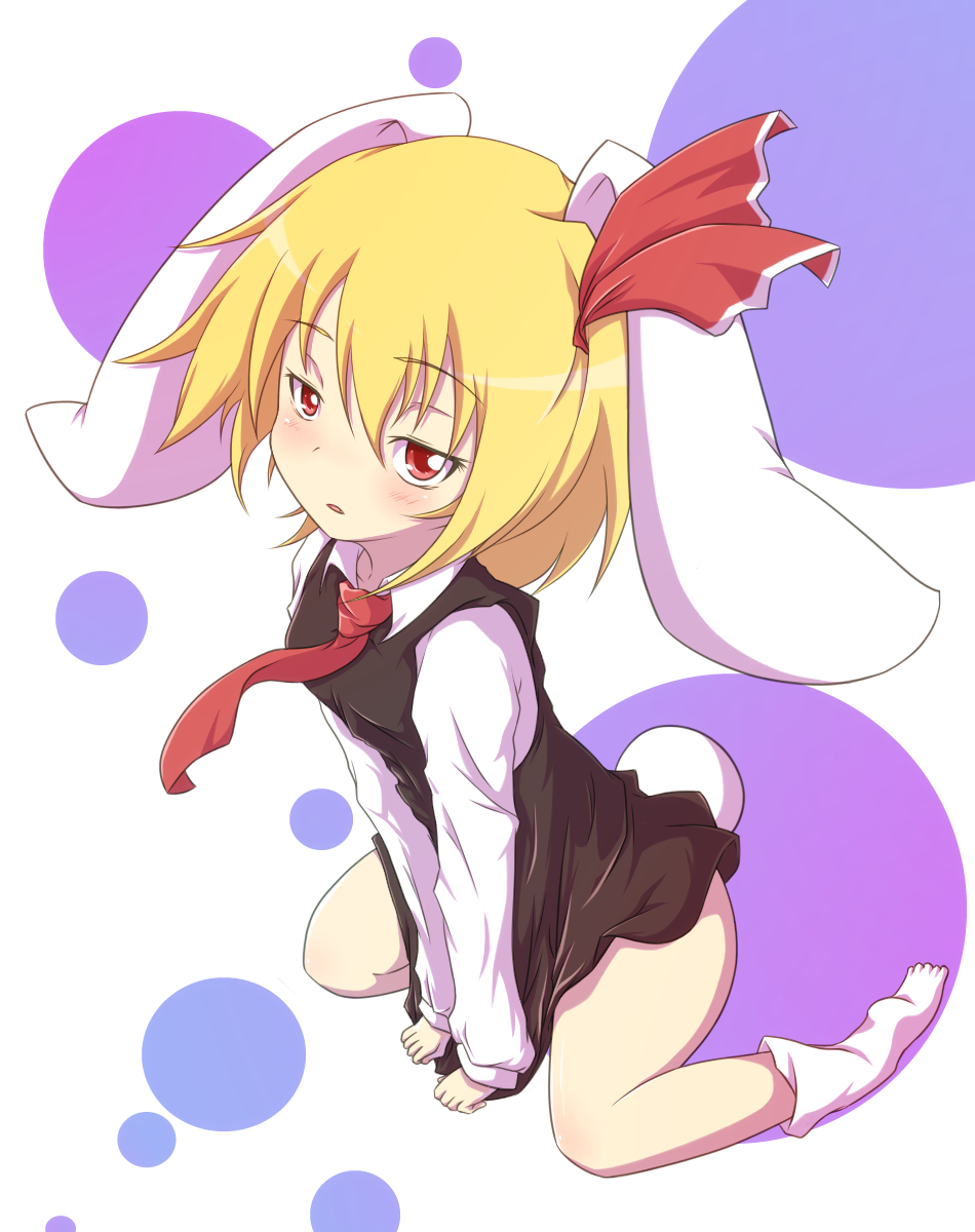 1girl, animal_ears, blonde_hair, blush, bottomless, fang, female_focus, hair_ribbon