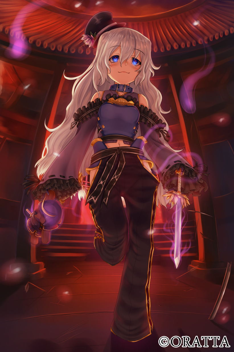 1girl, :3, akechi_mitsuhide_(sengoku_asuka), bare_shoulders, blue_eyes, blush, broken, character_request