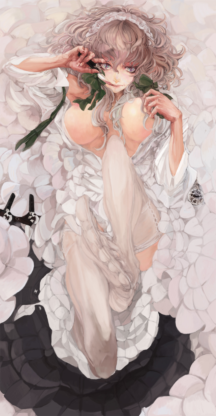 1girl, bataunco, breasts, feet, female_focus, highres, izayoi_sakuya, knife, large_breasts, lying, maid_headdress, open_clothes, open_shirt, pantyhose, revision, ribbon, shirt, short_hair, silver_hair, solo, stopwatch, touhou, watch, white_pantyhose