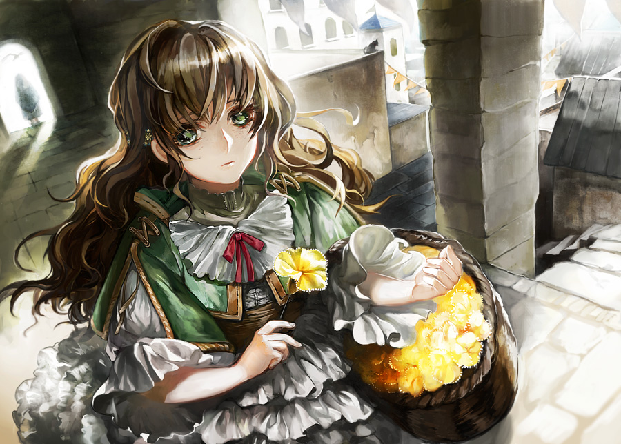 1girl, ascot, basket, brown_hair, building, cityscape, dress, female_focus, flower, green_eyes, hair_ornament, long_hair, madoi_shiro, original, puffy_sleeves, solo