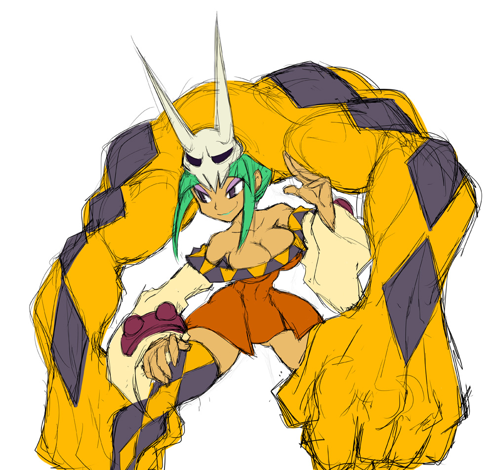 1girl, bare_shoulders, blue_eyes, breasts, cerebella_(skullgirls), cleavage, dark_skin, detached_sleeves