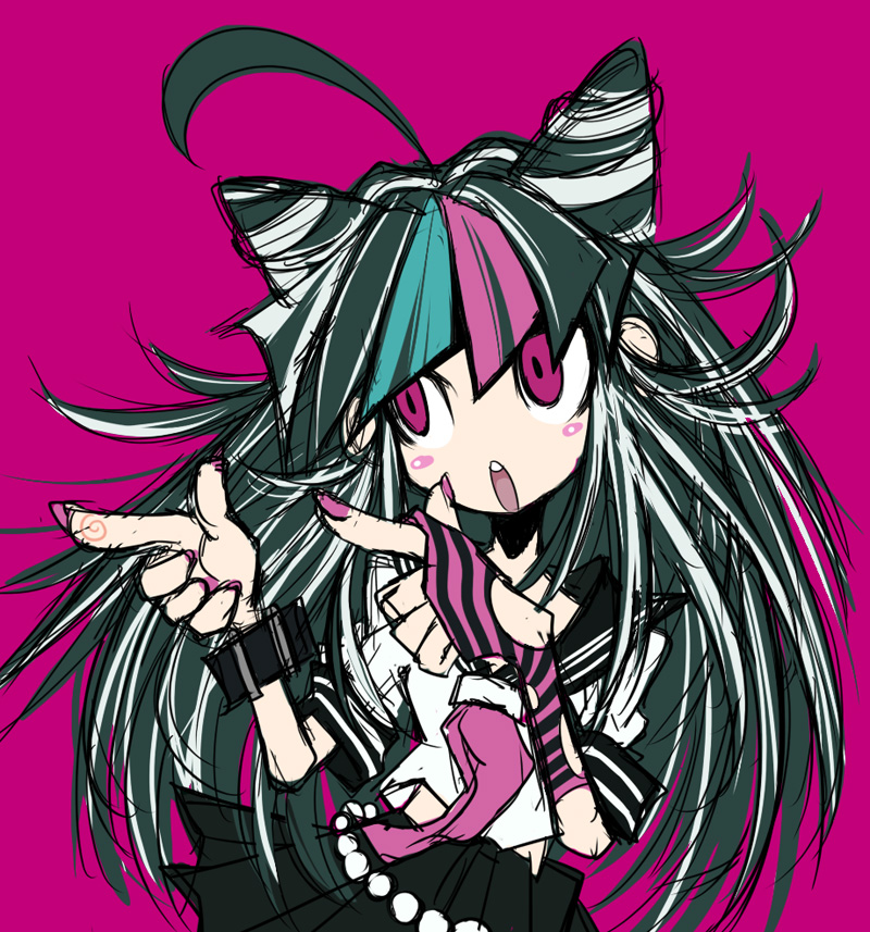 10s, 1girl, :o, ahoge, black_hair, blue_hair, danganronpa_(series), danganronpa_2:_goodbye_despair