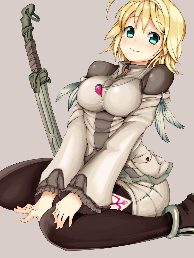 1girl, blonde_hair, blush, borrowed_character, breasts, female_focus, green_eyes, kuzu_kow, large_breasts, original, pantyhose, real_heaven_emissary, short_hair, simple_background, sitting, smile, solo, sword, wariza, weapon