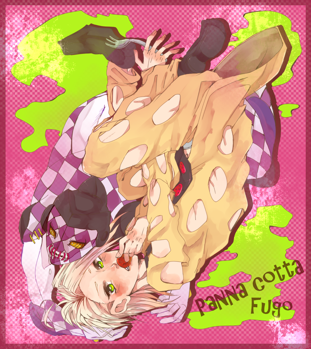1boy, food, fork, fruit, green_eyes, hikaru_(hkr3224), jojo_no_kimyou_na_bouken, pannacotta_fugo