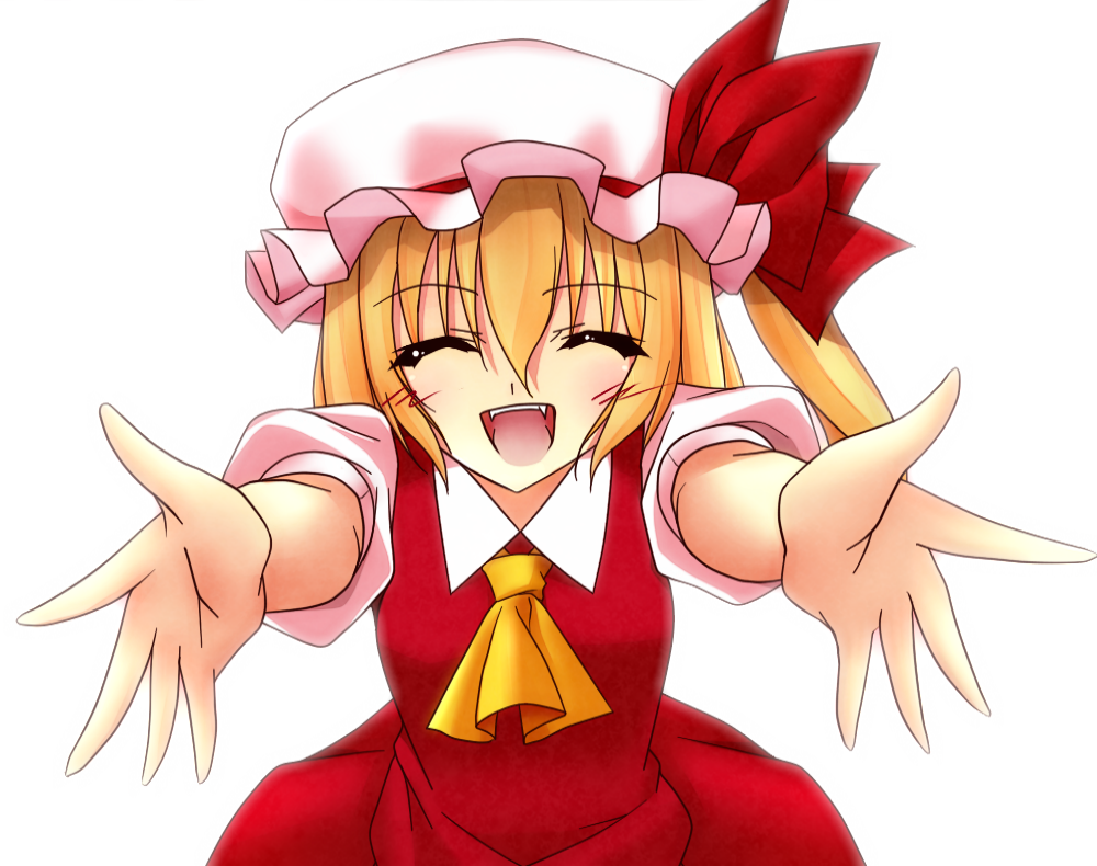 1girl, ascot, bad_id, bad_pixiv_id, blonde_hair, blush, closed_eyes, female_focus, flandre_scarlet, hat, incoming_hug, open_mouth, outstretched_arms, shunmin, simple_background, smile, solo, touhou, white_background