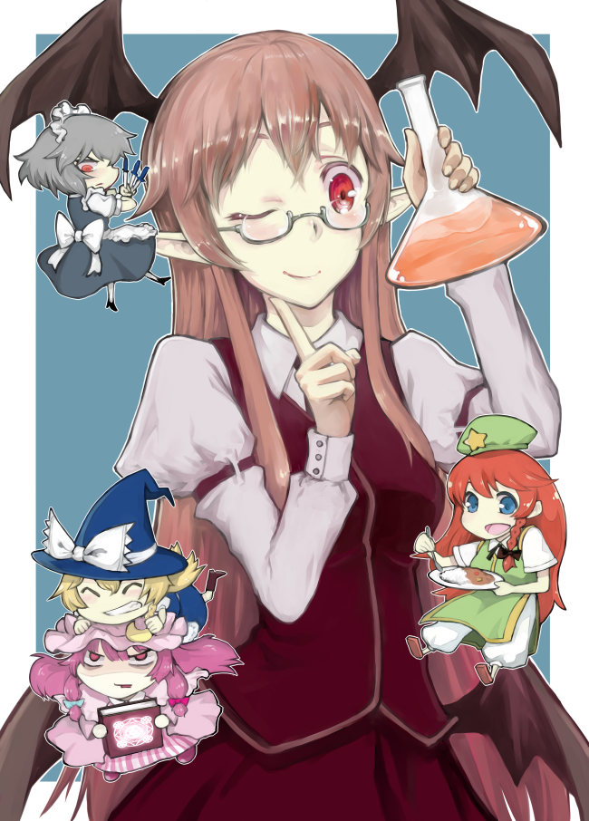 5girls, bat_wings, beaker, beret, bespectacled, blonde_hair, blue_eyes, blush, book, bow, chibi, chibi_inset, crescent, dress, erlenmeyer_flask, female_focus, flask, glasses, grey_hair, hair_bow, hat, head_wings, hong_meiling, izayoi_sakuya, kirisame_marisa, knife, koakuma, long_hair, long_sleeves, multiple_girls, one_eye_closed, patchouli_knowledge, pointy_ears, purple_hair, red_eyes, red_hair, shirt, smile, star_(symbol), touhou, turnnail, wings, wink, witch_hat