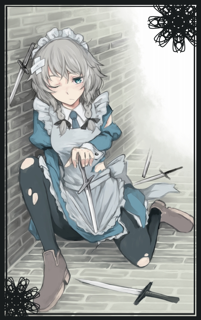1girl, apron, black_pantyhose, blue_eyes, boots, border, braid, breasts, dagger, female_focus, hair_ribbon, izayoi_sakuya, knife, maid, maid_apron, maid_headdress, pantyhose, ribbon, short_hair, silver_hair, solo, torn_clothes, torn_pantyhose, touhou, turnnail, twin_braids, weapon