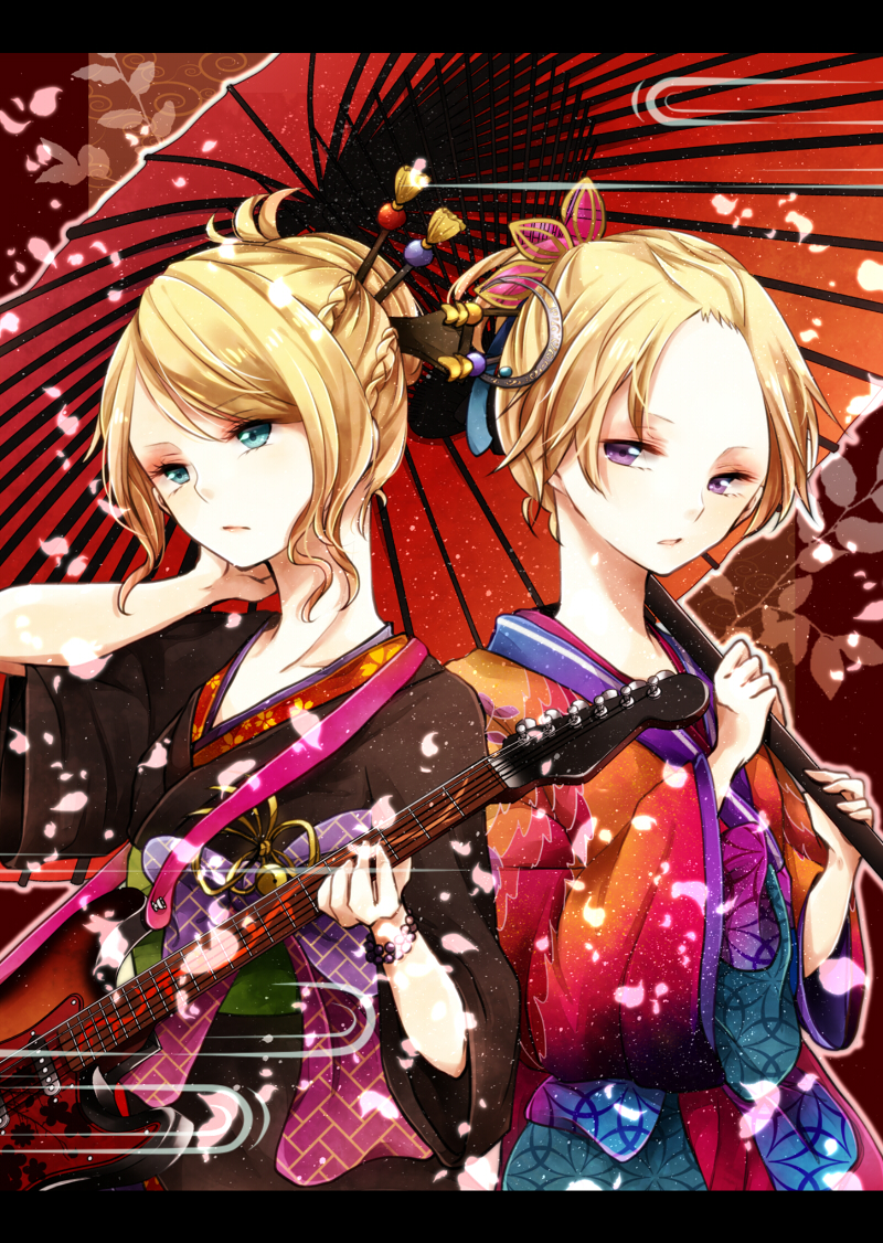 1boy, 1girl, androgynous, bad_id, bad_pixiv_id, blonde_hair, brother_and_sister, guitar, hair_ornament, instrument, japanese_clothes, kagamine_len, kagamine_rin, n_(nico_ed), oil-paper_umbrella, pheonix_moon_(module), project_diva_(series), project_diva_f, purple_eyes, kagamine_rin_(sakura_moon), siblings, tengaku_(vocaloid), twins, umbrella, vocaloid