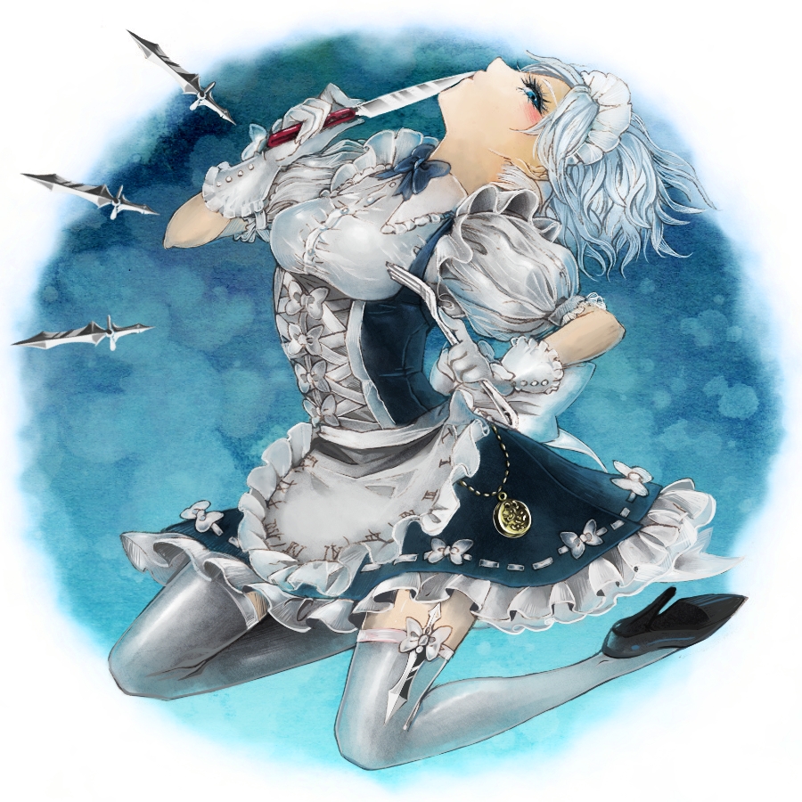 1girl, bad_id, bad_pixiv_id, blue_eyes, female_focus, fork, gloves, high_heels