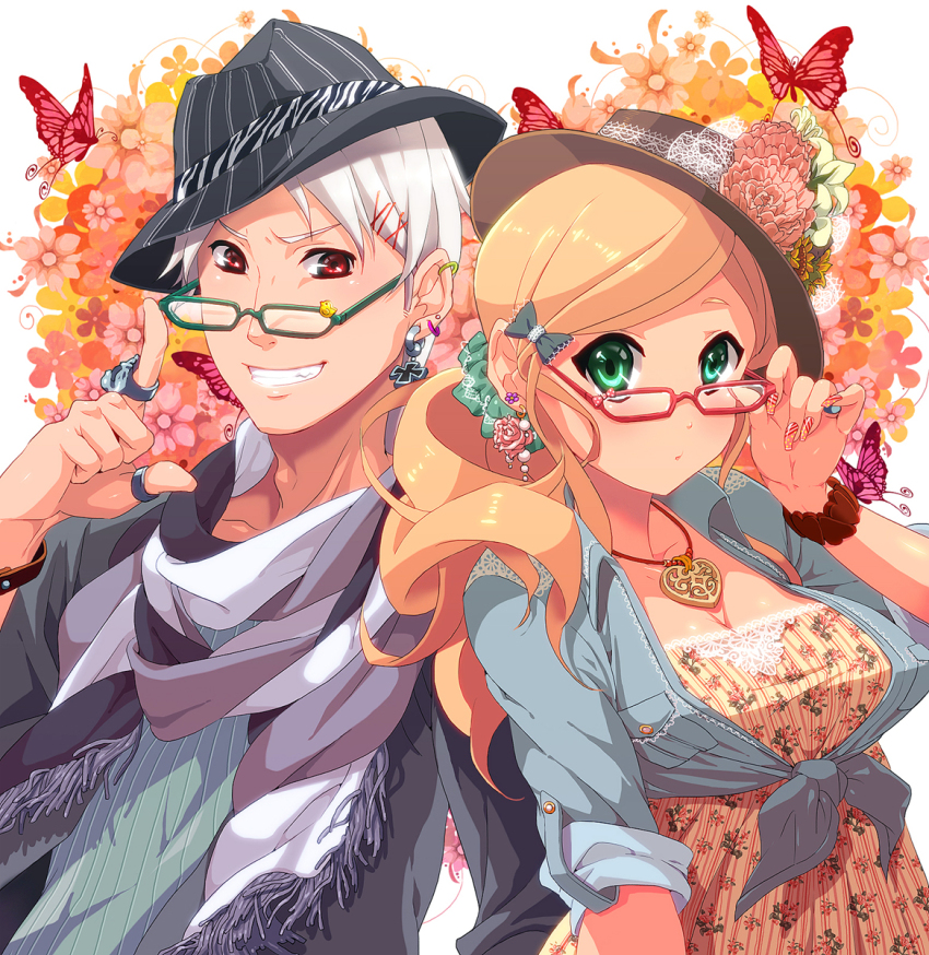1boy, 1girl, axis_powers_hetalia, bespectacled, blonde_hair, earrings, fashion, fedora, fingernails, floral_print, flower, glasses, green_eyes, hair_ornament, hat, highres, hungary_(hetalia), jewelry, keiko_rin, malledus_(fire_emblem), prussia_(hetalia), red_eyes, revision, ring, scrunchie, sleeves_rolled_up, white_hair, wristband