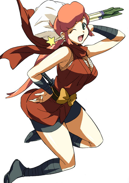 00s, 1girl, bag, bare_shoulders, bow, bowtie, breasts, cirima, cleavage, curvy, female_focus, fishnets, food, grey_eyes, hip_focus, kage_kara_mamoru!, kagemori_sakurako, large_breasts, legs, looking_at_viewer, mature_female, ninja, no_bra, one_eye_closed, open_mouth, orange_hair, ponytail, ribbon, simple_background, skinny, smile, solo, star_(symbol), sword, thighs, vegetable, volvox, weapon, white_background, wink