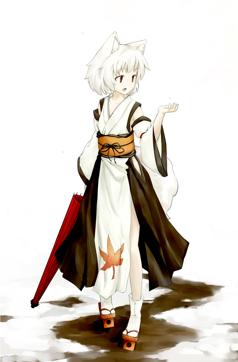 1girl, alternate_costume, animal_ears, detached_sleeves, female_focus, full_body, geta, highres, inubashiri_momiji, kokutei_n, kourindou_tengu_costume, leaf, obi, oil-paper_umbrella, open_mouth, red_eyes, sash, short_hair, snow, solo, tabi, tail, tengu-geta, touhou, umbrella, white_hair, white_legwear, wolf_ears, wolf_tail