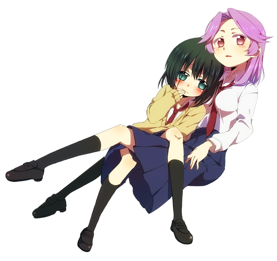 2girls, bad_id, bad_pixiv_id, black_socks, blush, cardigan, green_eyes, kajiki_yumi
