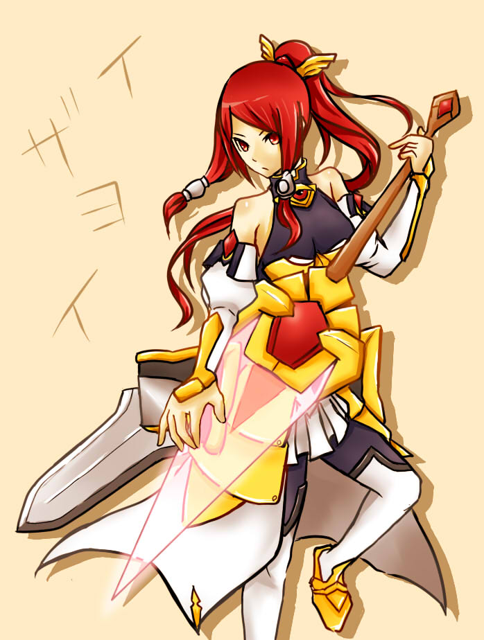 1girl, arc_system_works, armor, armored_dress, axi125, bad_id, bad_pixiv_id, bare_shoulders, black_pantyhose, blazblue, blazblue:_chronophantasma, boots, breasts, detached_sleeves, dress, faulds, female_focus, hair_ornament, hair_tubes, izayoi_(blazblue), large_breasts, long_hair, pantyhose, ponytail, red_eyes, red_hair, shield, skirt, solo, sword, thigh_boots, thighhighs, very_long_hair, weapon