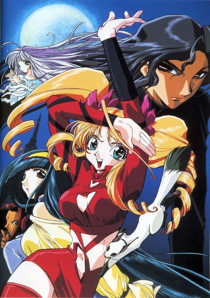 1990s_(style), 2boys, 3girls, aqua_eyes, arm_up, black_hair, blue_hair, blue_moon