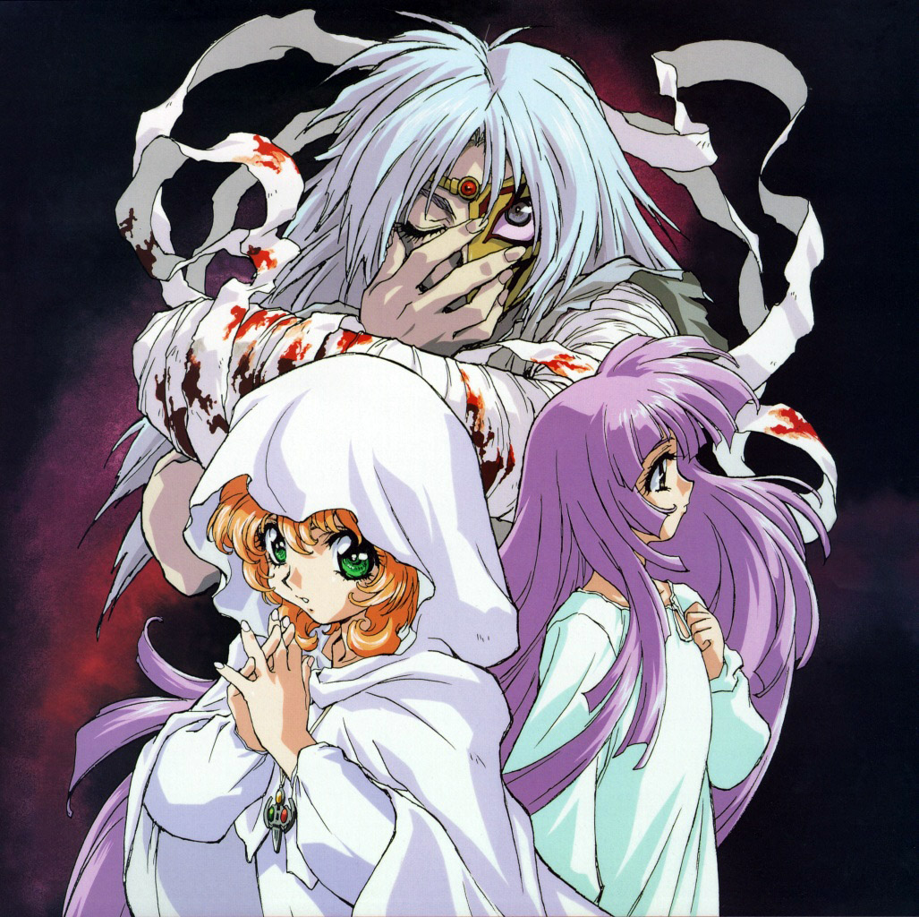 1990s_(style), 1boy, 2girls, bandaged_arm, bandages, blood, bloody_bandages, blue_hair