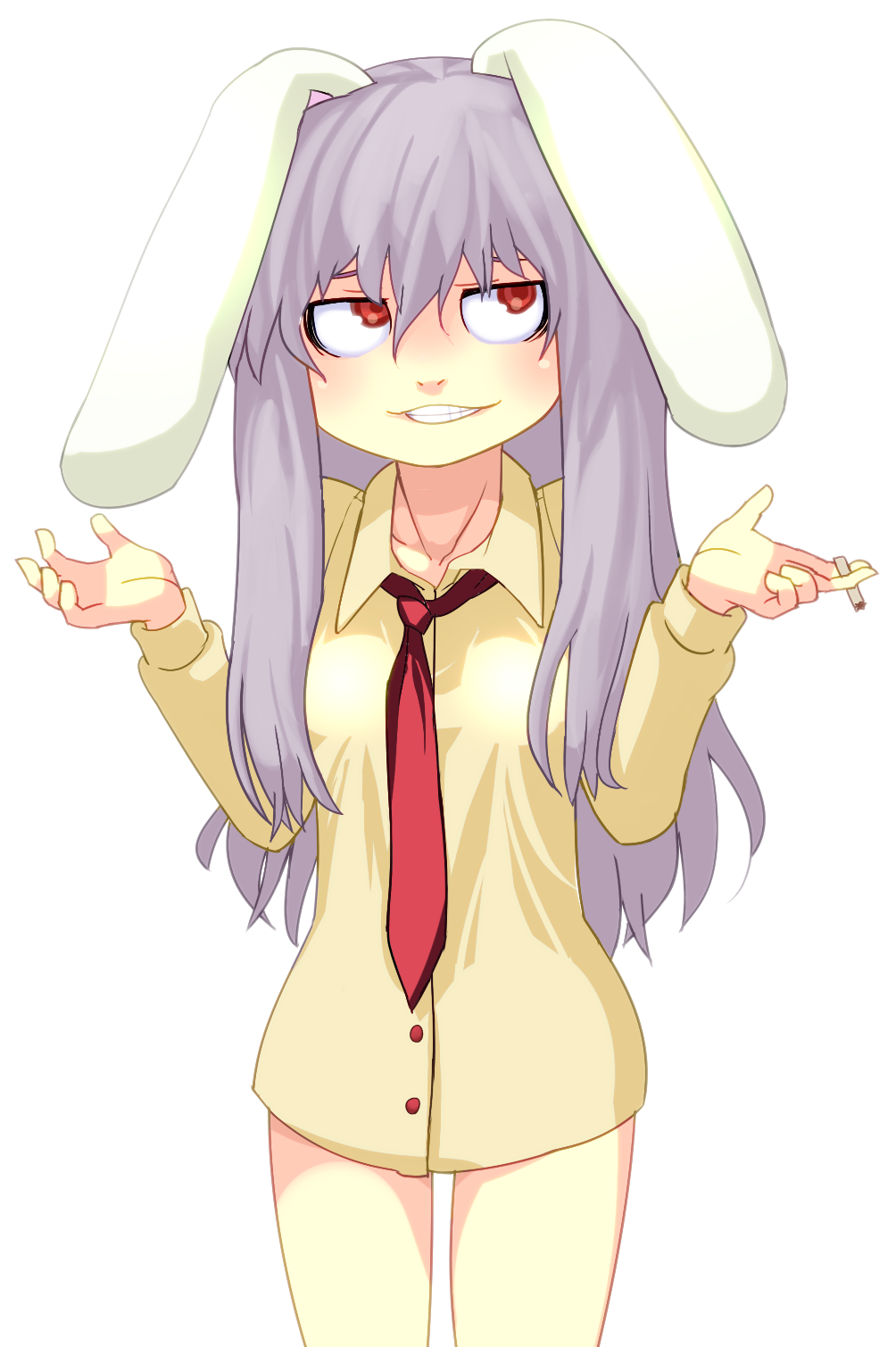 1girl, animal_ears, bare_legs, bottomless, cigarette, collarbone, dress_shirt, female_focus, grin, highres, hospital_king, jitome, kimonge, light_purple_hair, long_hair, looking_away, necktie, no_pants, purple_hair, rabbit_ears, red_eyes, red_necktie, reisen_udongein_inaba, shirt, shrugging, simple_background, smile, solo, sweater, teeth, touhou, white_background