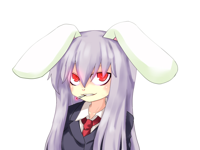 1girl, animal_ears, cigarette, female_focus, grin, kayshine, kimonge, light_purple_hair, long_hair, necktie, purple_hair, rabbit_ears, red_eyes, reisen_udongein_inaba, simple_background, smile, solo, teeth, touhou, white_background