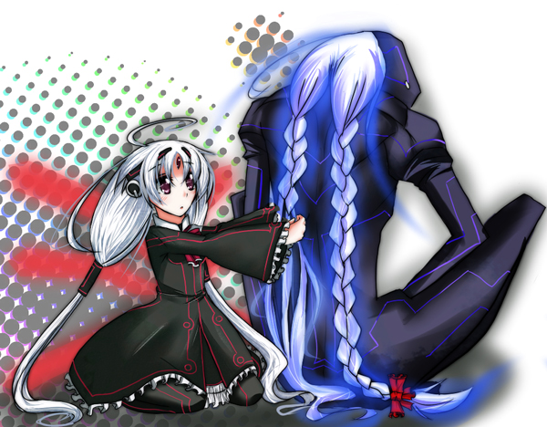 1girl, ahoge, bad_id, bad_pixiv_id, braid, braiding_hair, butterfly_sitting, dress