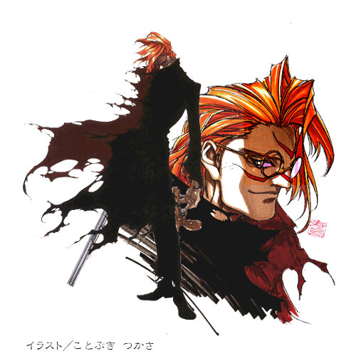 1990s_(style), 1boy, glasses, gun, kotobuki_tsukasa, long_coat, lowres, retro_artstyle, toushinden, vermillion_(toshinden), weapon