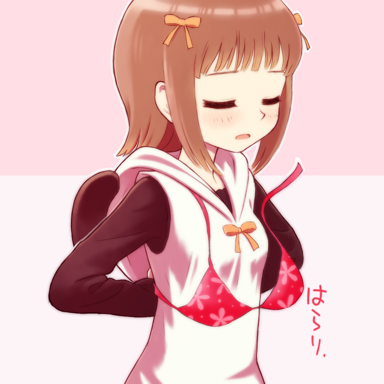 1girl, amami_haruka, bikini, bikini_top_only, brown_hair, closed_eyes, female_focus, hair_ribbon, hiboshi_daizu, hood, hoodie, idolmaster, idolmaster_(classic), ribbon, sametamisosiru, short_hair, solo, swimsuit