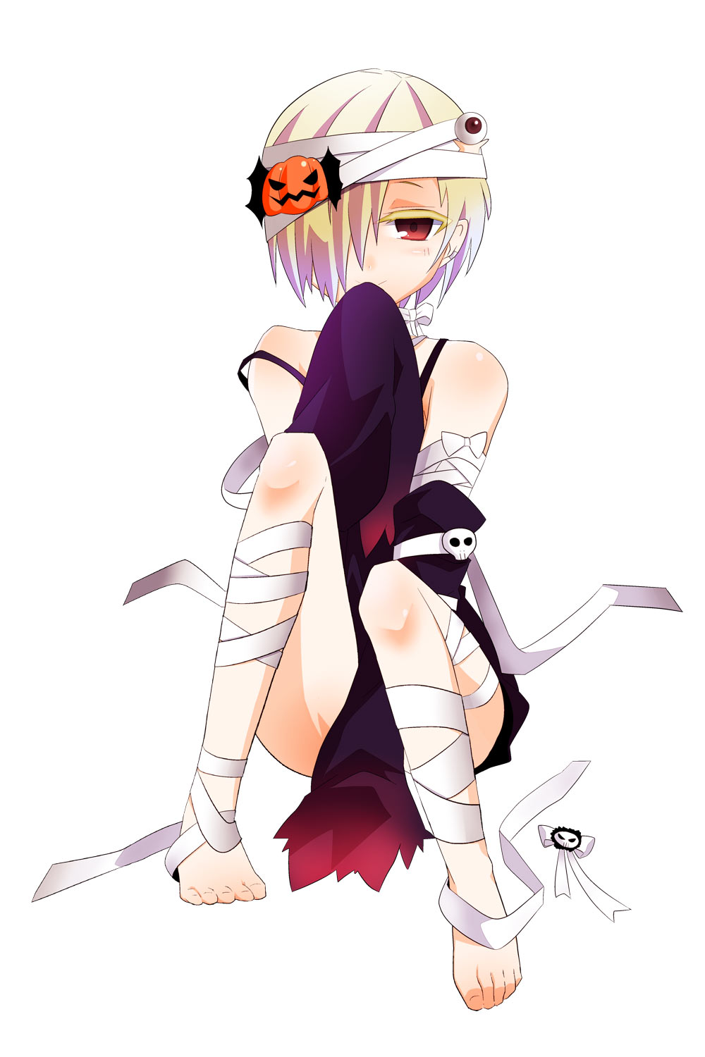 10s, 1girl, bags_under_eyes, bandages, bare_shoulders, barefoot, between_legs, blonde_hair, blush, covering_own_mouth, dress, eyeball, feet, female_focus, full_body, hair_over_one_eye, highres, idolmaster, idolmaster_cinderella_girls, long_sleeves, looking_at_viewer, red_eyes, shirasaka_koume, short_hair, simple_background, sitting, sleeves_past_wrists, smile, solo, toes, white_background, yakou_(innocent_chapel)