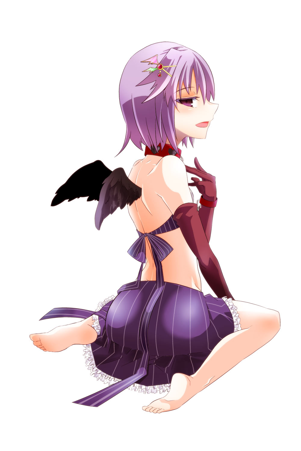 10s, 1girl, :d, back, bare_shoulders, barefoot, blush, brown_eyes