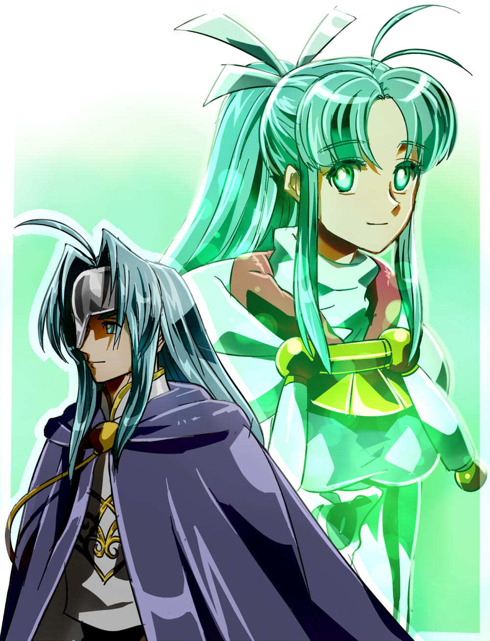 1boy, 1girl, ahoge, alex_(golden_sun), antenna_hair, blue_eyes, blue_hair, cape, golden_sun, green_eyes, green_hair, high_ponytail, highres, mia_(golden_sun), ponytail, shashin, sidelocks, smile