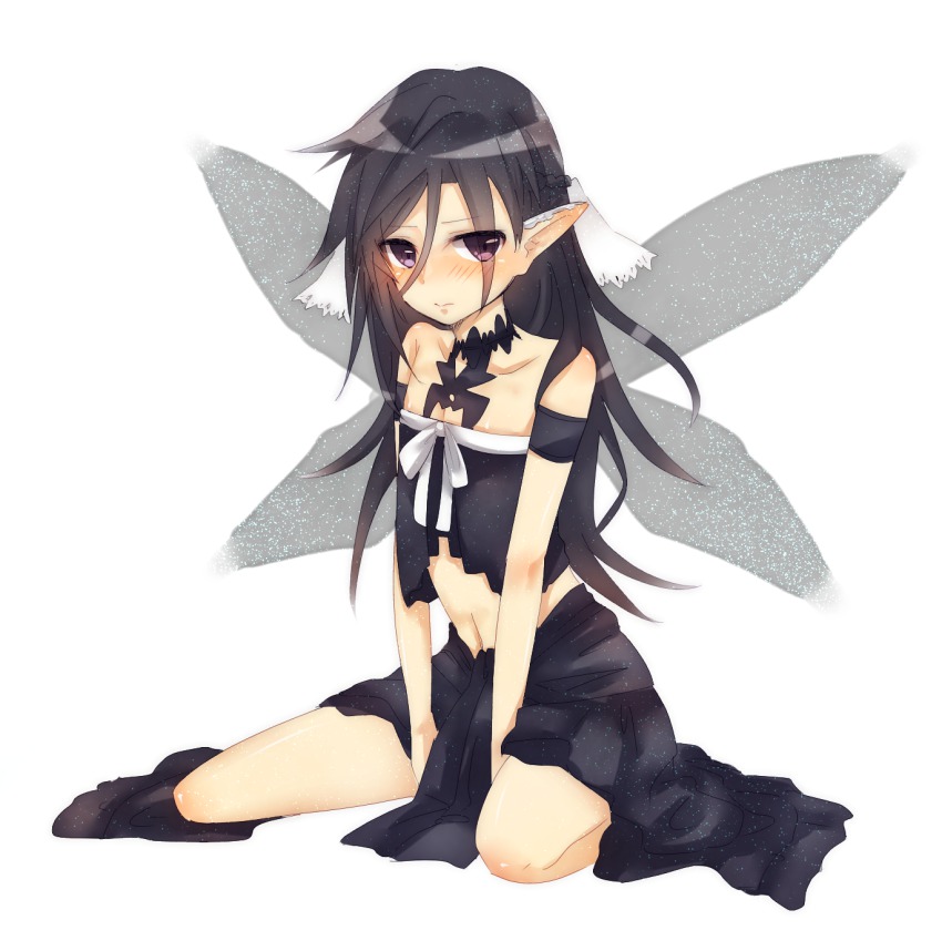 1boy, androgynous, asuna_(sao), bad_id, bad_pixiv_id, black_eyes, black_hair, cosplay, crossdressing, crossdressing_(mtf), dress, fairy_wings, highres, kirito, kirito_(sao-ggo), long_hair, makio_(husutoreizi730), male_focus, pointy_ears, role_reversal, solo, sword_art_online, titania_(sao), titania_(sao)_(cosplay), trap, wings
