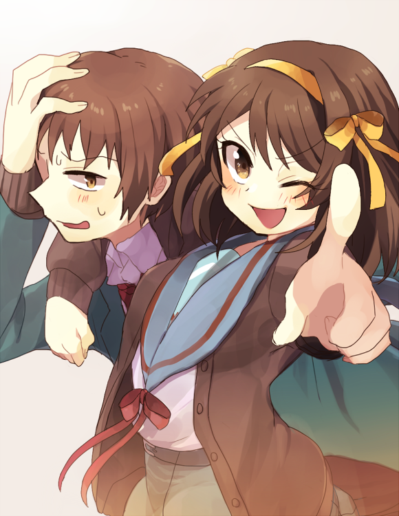 >;d, 1boy, 1girl, ;d, brown_eyes, brown_hair, cardigan, foreshortening
