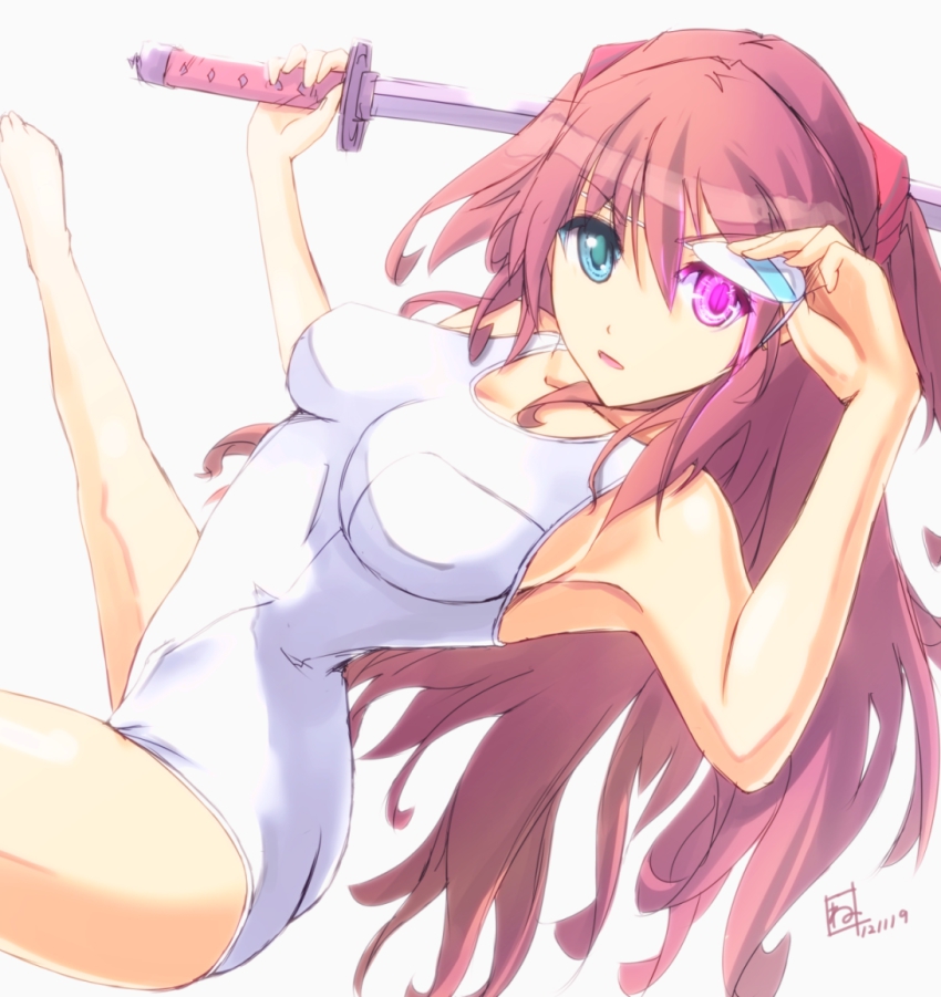 1girl, cosplay, evangelion:_3.0_you_can_(not)_redo, eyepatch, glowing, glowing_eye, green_eyes, long_hair, nenchi, neon_genesis_evangelion, one-piece_swimsuit, rebuild_of_evangelion, sakamoto_mio, sakamoto_mio_(cosplay), school_swimsuit, souryuu_asuka_langley, strike_witches, swimsuit, sword, twintails, weapon, white_school_swimsuit, white_one-piece_swimsuit, world_witches_series