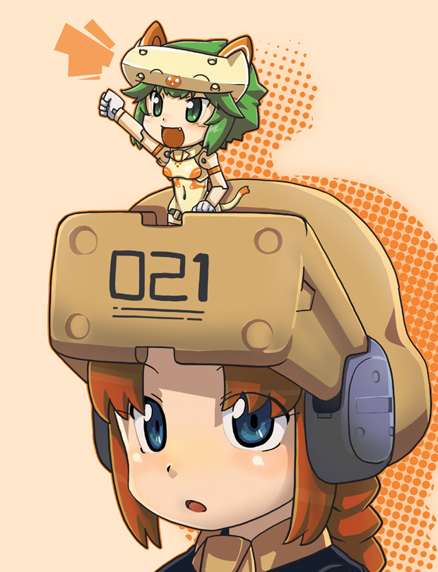 10s, 2girls, busou_shinki, chibi, fort_bragg, helmet, maochao, mini_person