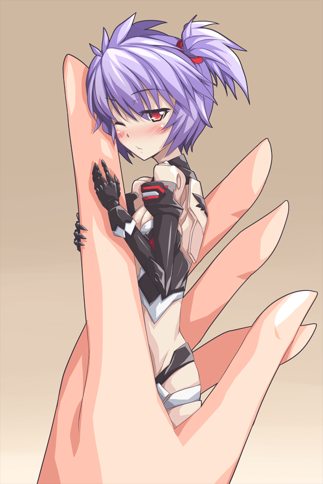 10s, 1girl, altines, blue_hair, blush, breasts, busou_shinki, cleavage