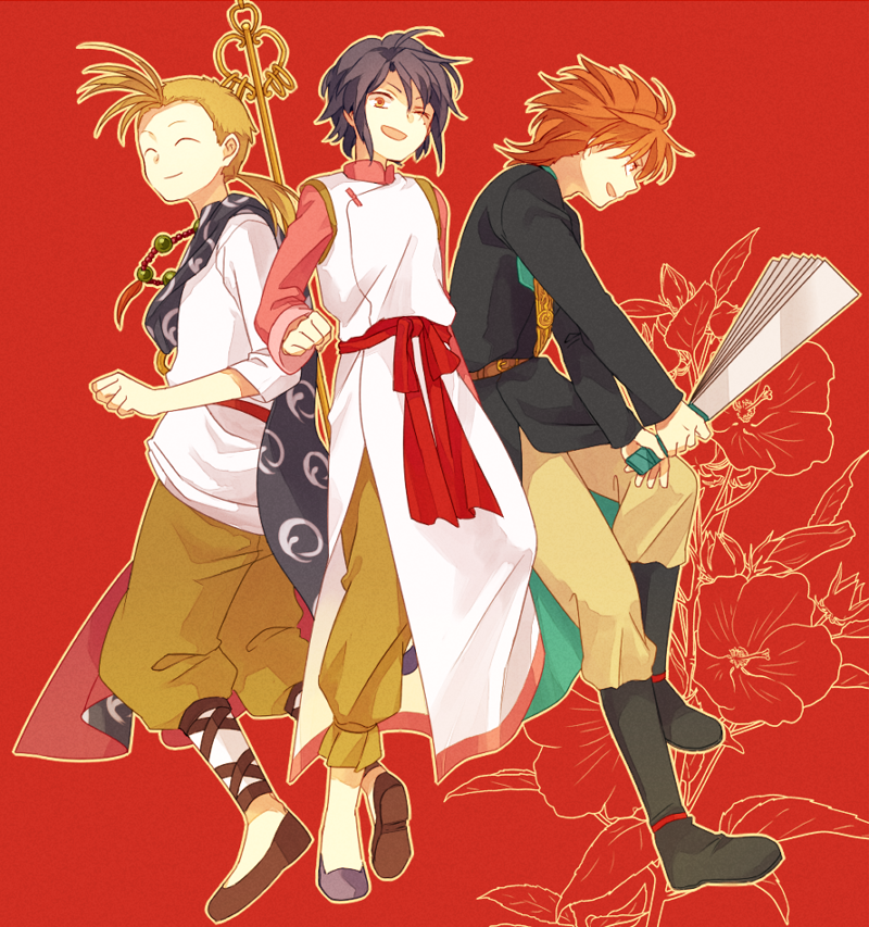 1990s_(style), 3boys, alternate_hair_color, alternate_hair_length, alternate_hairstyle, blonde_hair, chichiri, chichiri_(fushigi_yuugi), closed_eyes, hand_fan, floral_background, fushigi_yuugi, harisen, male_focus, multiple_boys, nuriko, nuriko_(fushigi_yuugi), one_eye_closed, open_mouth, orange_hair, purple_hair, shakujou, short_hair, smile, staff, tasuki_(fushigi_yuugi), wink, yellow_eyes, yuzudaze