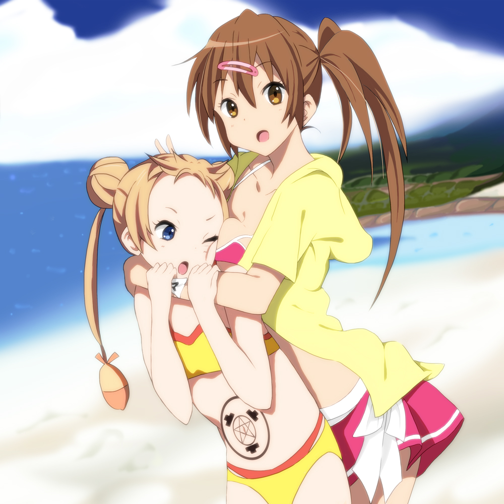 10s, 2girls, beach, bikini, blonde_hair, breast_press, breast_smother, breasts, brown_hair, chuunibyou_demo_koi_ga_shitai!, cleavage, dekomori_sanae, female_focus, flat_chest, hair_ornament, hairclip, kaiman, large_breasts, long_hair, midriff, multiple_girls, nibutani_shinka, open_mouth, ponytail, swimsuit, twintails