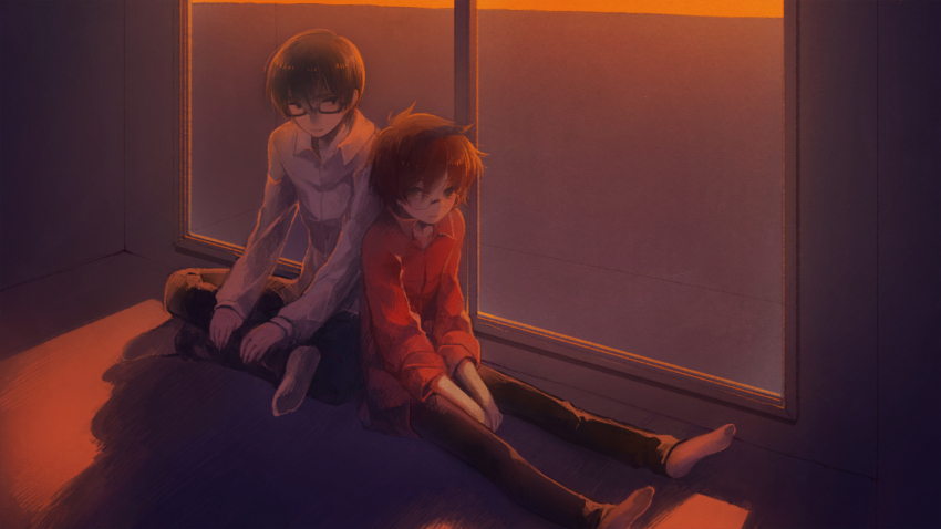 2boys, alphonse_michel, barefoot, bemani, black_eyes, black_hair, blue_eyes, glasses