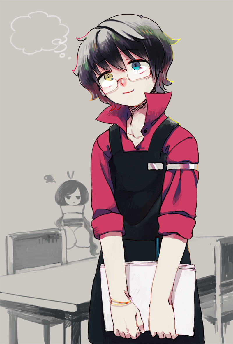 1boy, 1girl, alphonse_michel, apron, bemani, black_hair, blue_eyes, chair