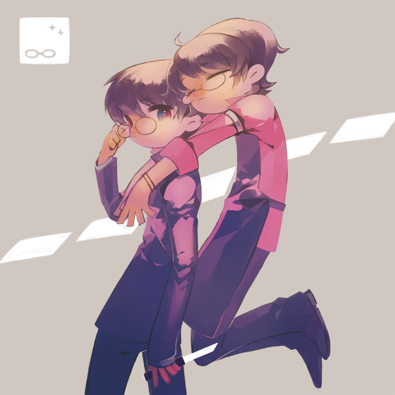 2boys, adjusting_eyewear, ahoge, alphonse_michel, apron, barefoot, bemani, black_eyes, black_hair, blue_eyes, closed_eyes, floating, gakuran, glasses, grey_background, hug, hug_from_behind, knife, male_focus, multiple_boys, nakaji, pop'n_music, school_uniform, short_hair, simple_background, smile, standing, zknbnkbch