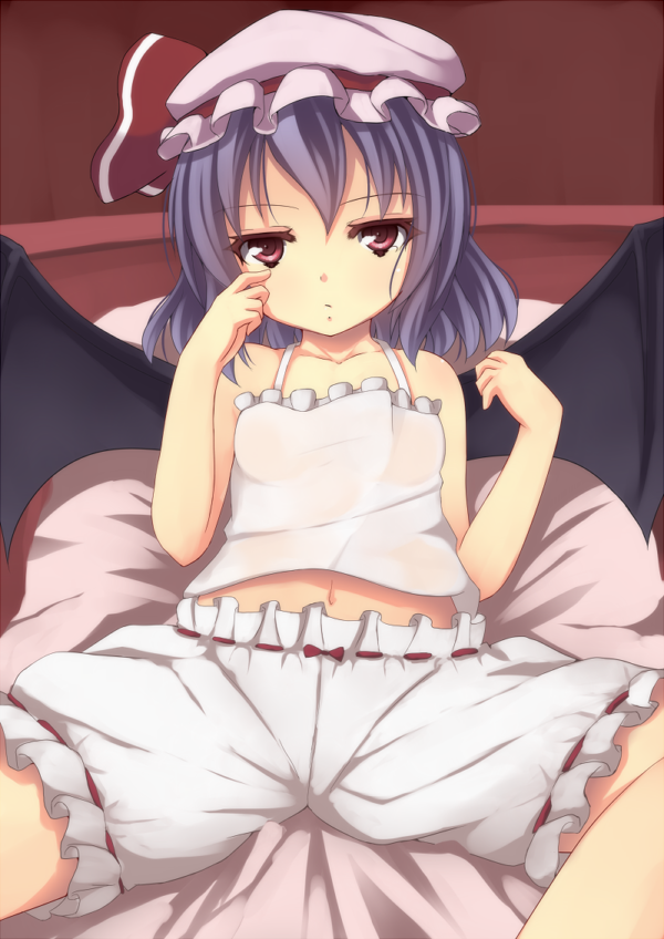 1girl, bat_wings, bed, bloomers, blue_hair, bow, bow_bloomers, camisole