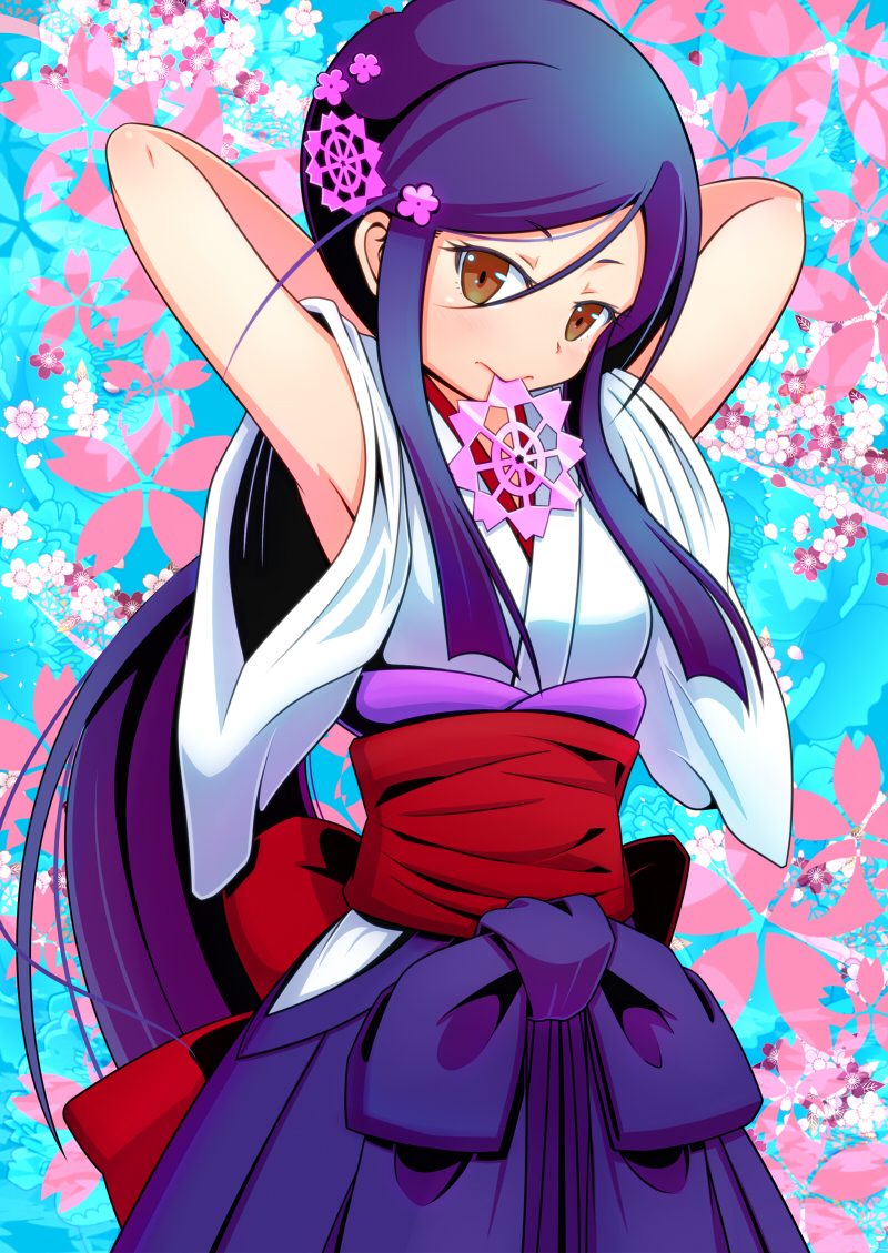 armpits, atlus, blue_hair, brown_eyes, etrian_odyssey, hair_ornament, hairclip, mouth_hold