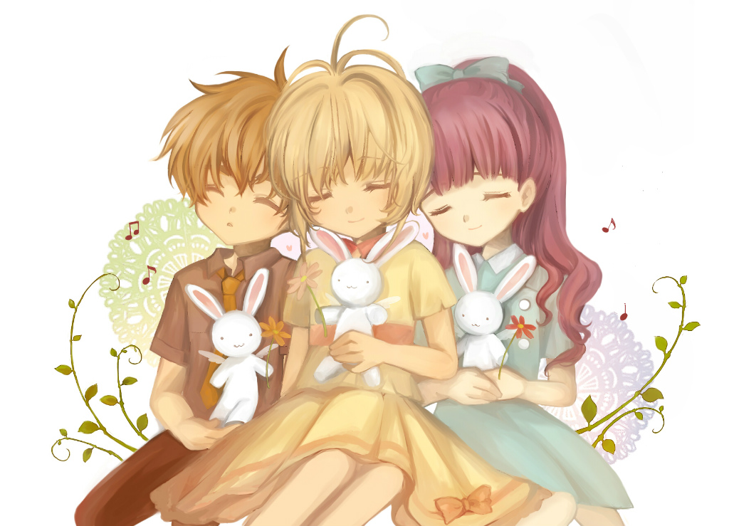 1990s_(style), 1boy, 2girls, black_hair, brown_hair, cardcaptor_sakura, closed_eyes, daidouji_tomoyo