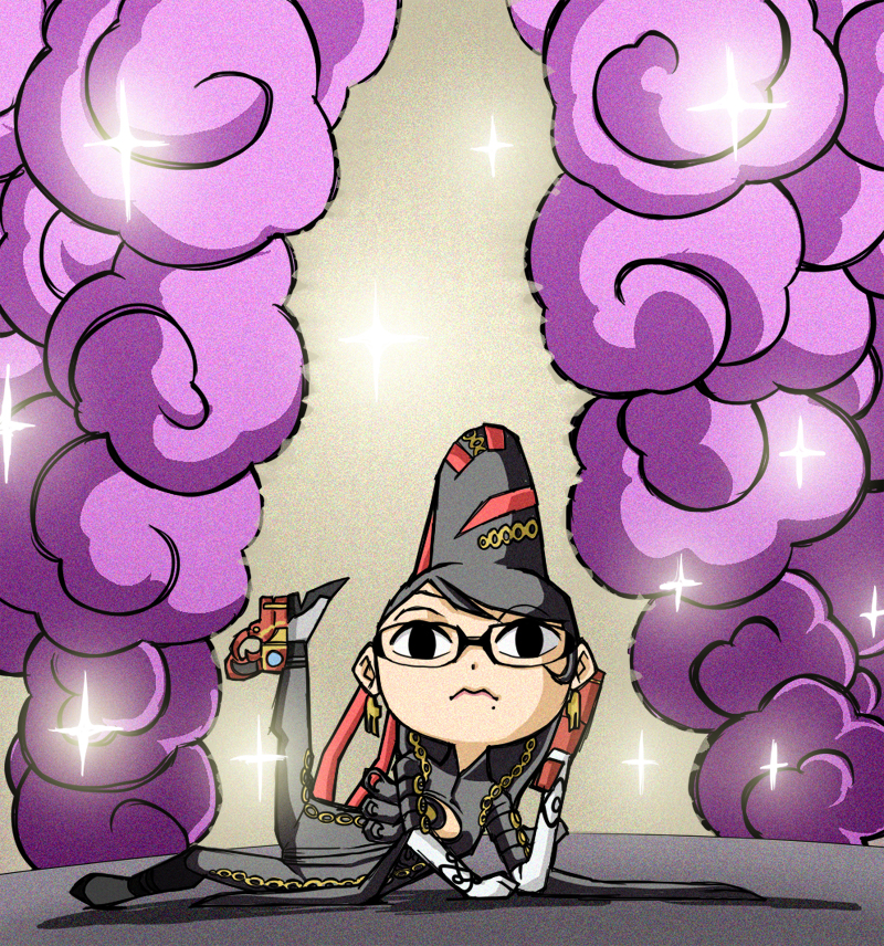 1girl, arm_support, bad_id, bad_pixiv_id, bayonetta, bayonetta_(series), black_eyes, bodysuit, earrings, female_focus, glasses, gloves, gun, hair_ribbon, handgun, high_heels, jewelry, leg_lift, leg_up, long_hair, lying, mole, mole_under_mouth, nintendo, on_side, parody, pistol, ribbon, shoes, smoke, solo, sparkle, style_parody, the_legend_of_zelda, the_legend_of_zelda:_the_wind_waker, weapon, zukizuki